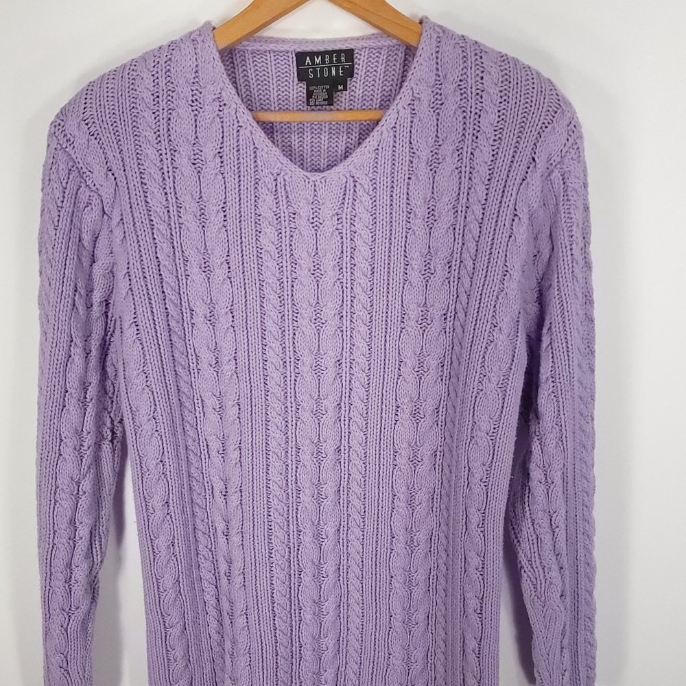 Amber Stone Sweater Women's Med Light Lavender Cable Knit Pullover Long Sleeve